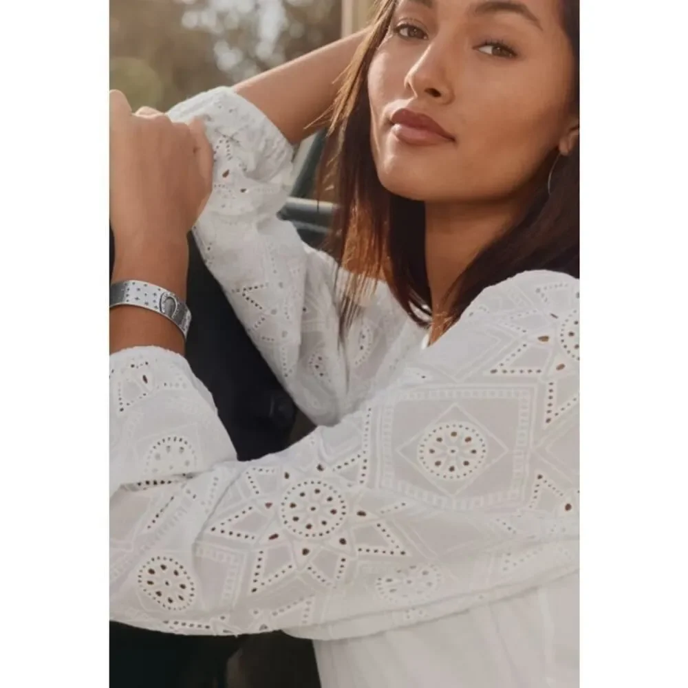 Johnny Was Jade Nora Easy Tee – Puff Sleeve Eyelet Cotton Top, Women’s Size M